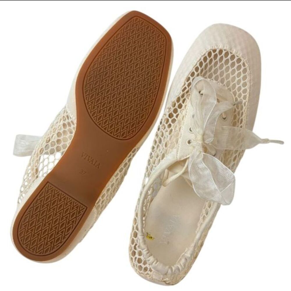 VIVAIA Cristina Sneakerina Square-Toe Lace-Up Mesh Ballet Flats Size EU37/US 6.5 - Picture 4 of 11
